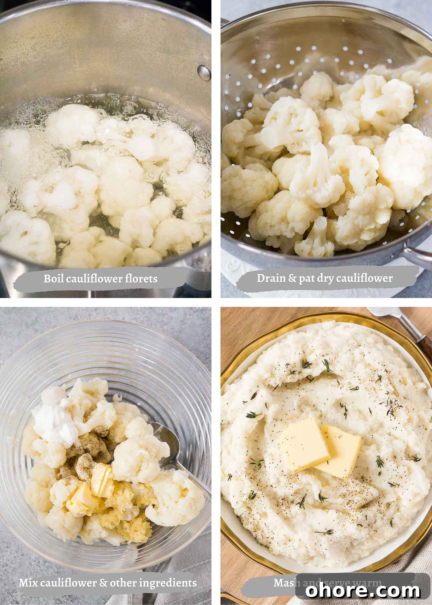 Creamy Garlic Mashed Cauliflower Recipe for Low-Carb Meals 5 process images of making cauliflower mash