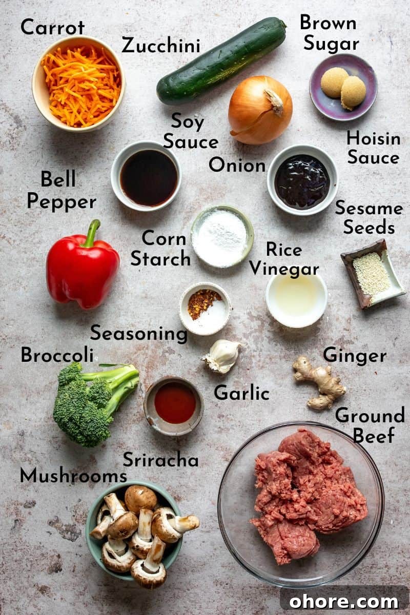 Quick Garlic Ground Beef Stir-Fry Recipe for Weeknight Dinners 3 Ingredients to make teriyaki beef stir fry on the table before cooking.