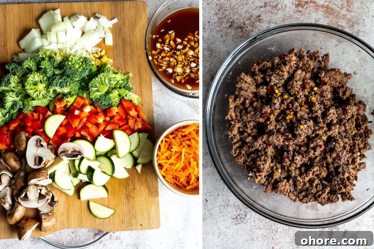 Quick Garlic Ground Beef Stir-Fry Recipe for Weeknight Dinners 4 A collage showing the chopped vegetables on a cutting board and the beef cooked in a skillet.