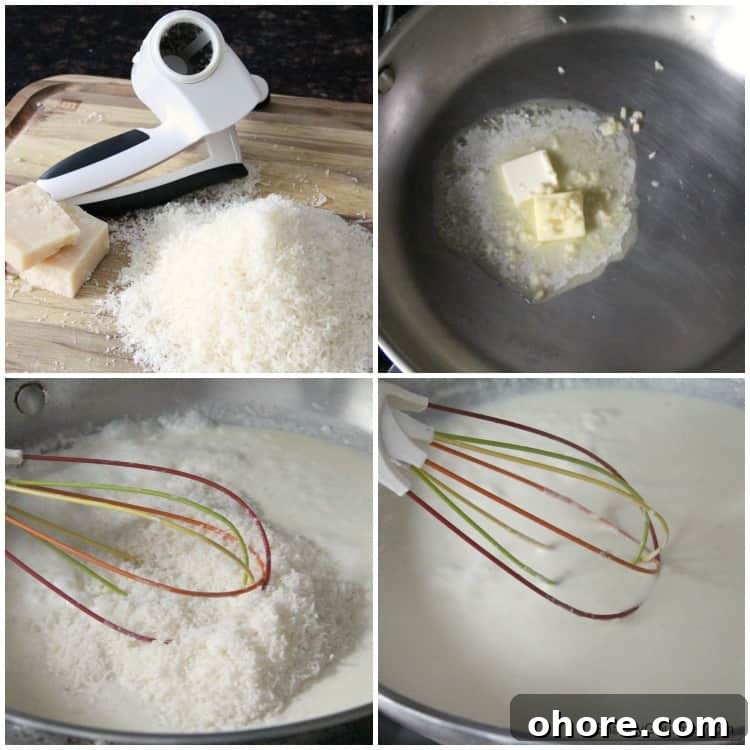 how to make homemade alfredo sauce Homemade Alfredo Sauce in pan with parmesan cheese