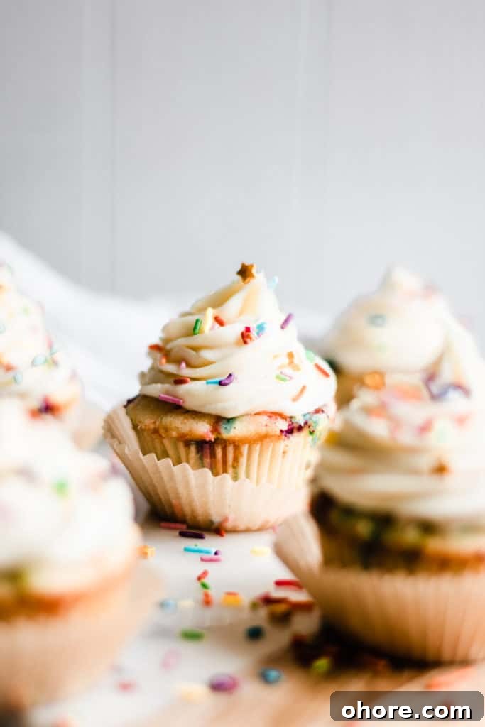 Frosted funfetti cupcakes topped with sprinkles.