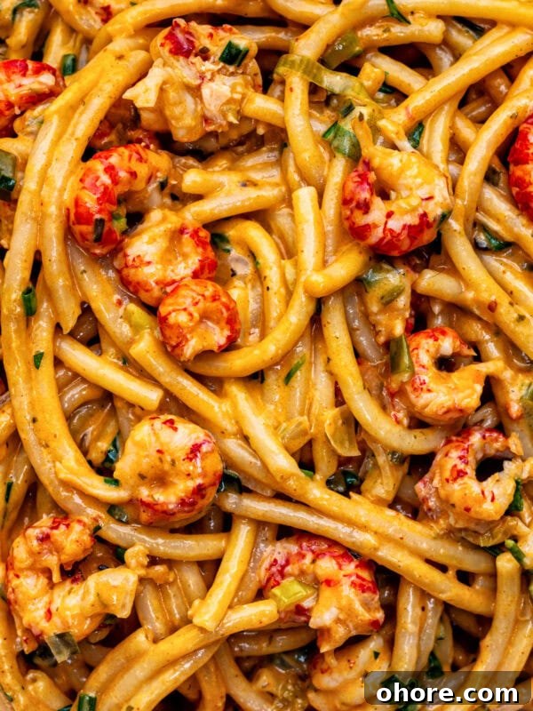 Close-up of creamy Crawfish Pasta mixed with pieces of cooked crawfish, garnished with chopped green herbs. The rich orange sauce coats the noodles and seafood thoroughly for a mouthwatering Crawfish Pasta Recipe.