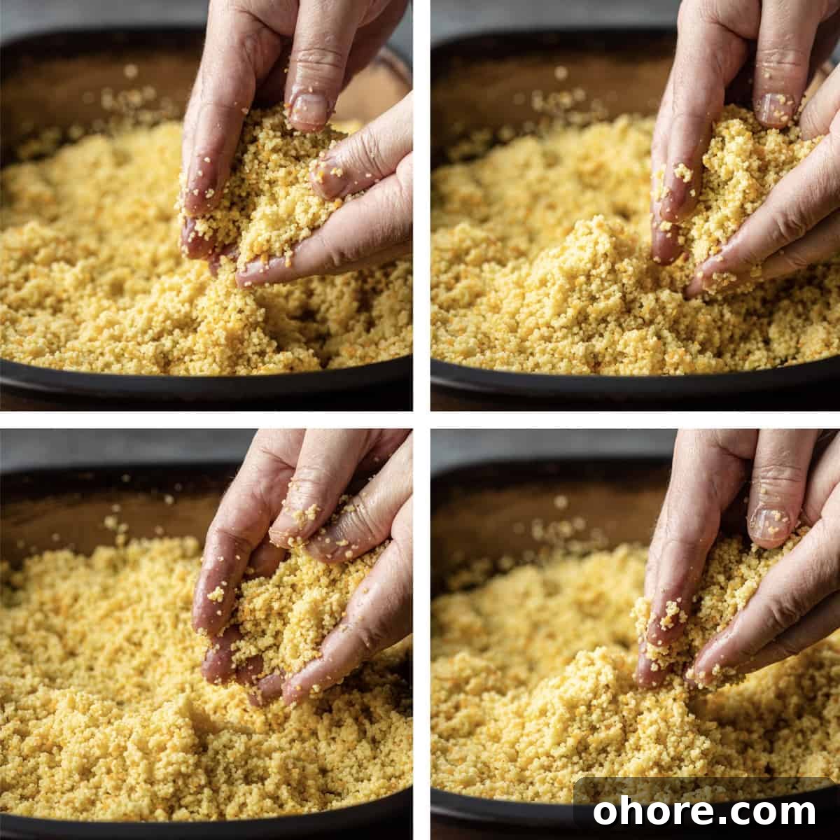 4-photo collage: man's hands tossing cooked grains for this moroccan couscous recipe