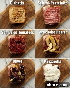 6 step by step photos showing antipasto sandwich ingredients