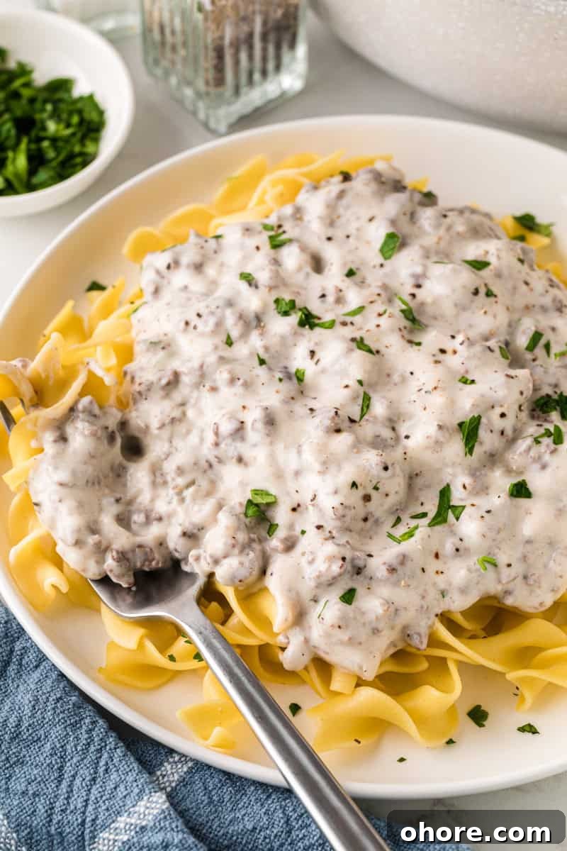 Classic Ground Beef Stroganoff Recipe for Dinner Tonight 11 closeup of the Beef Stroganoff served on the beef noodles.