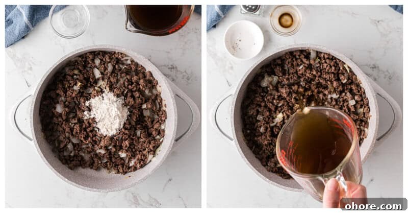 Classic Ground Beef Stroganoff Recipe for Dinner Tonight 6 adding the beef broth to the ground beef.