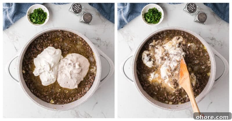 Classic Ground Beef Stroganoff Recipe for Dinner Tonight 7 adding the soup and sour cream to the beef.