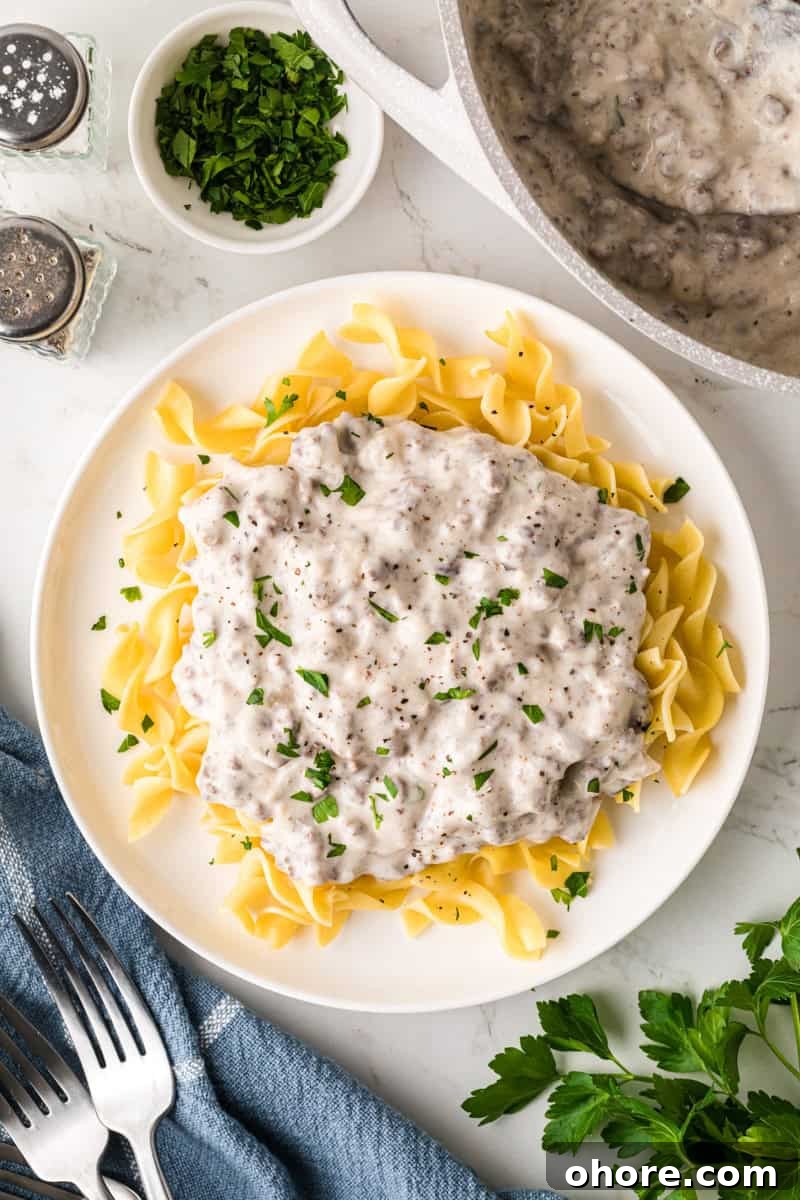 Classic Ground Beef Stroganoff Recipe for Dinner Tonight 10 The Beef Stroganoff served on top of egg noodles.