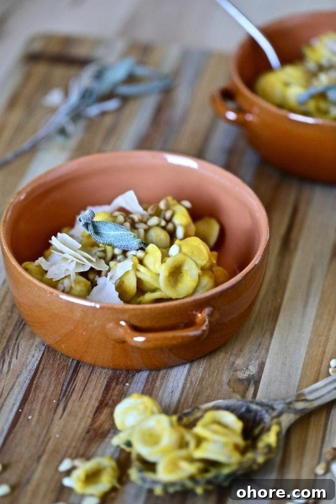Small bowl of pumpkin and parmigiano pasta with toasted pine nuts.