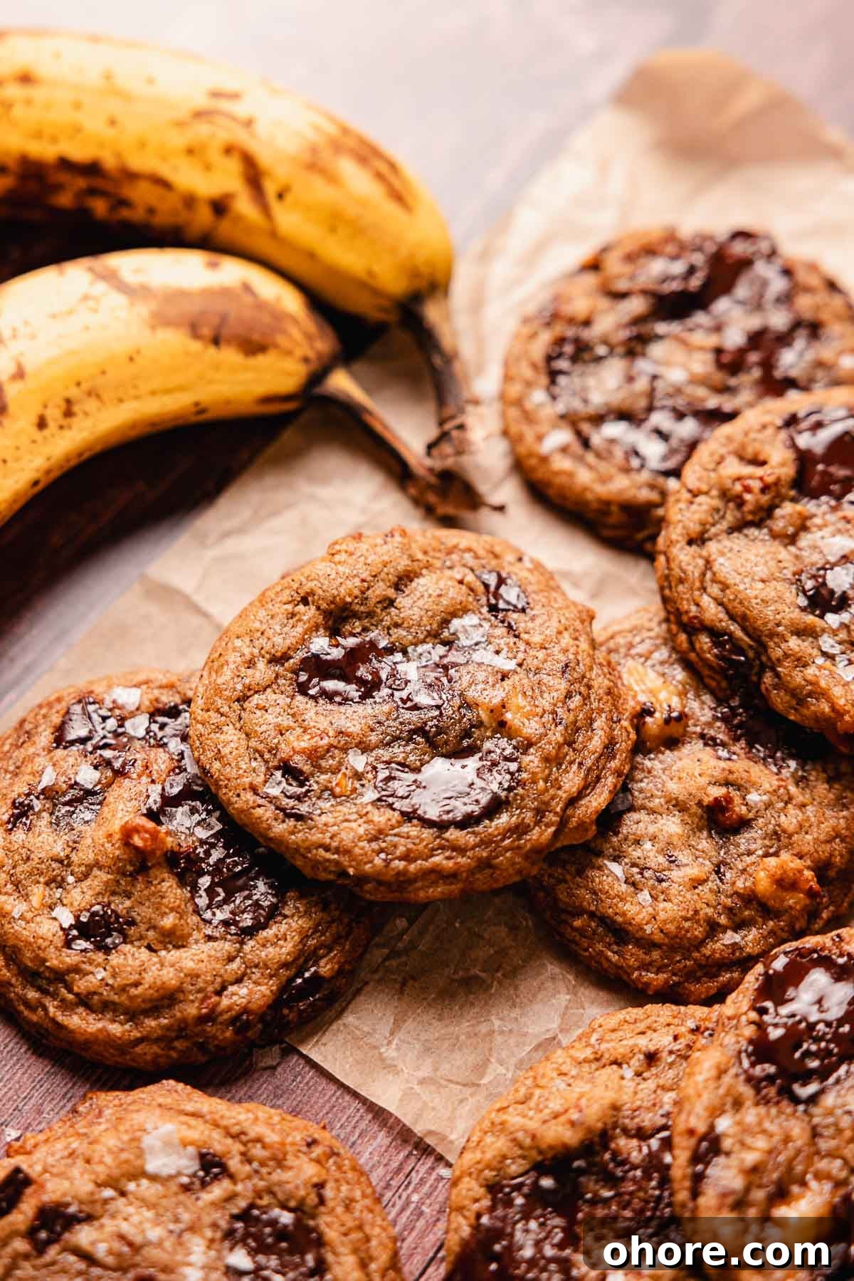 banana bread cookies with chocolate, walnuts, and crisp edges