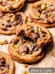bitten pistachio chocolate cookie on top of whole cookie