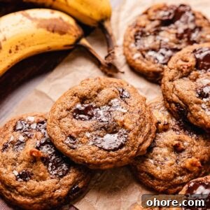 banana bread cookies with ripe bananas and pools of melted chocolate