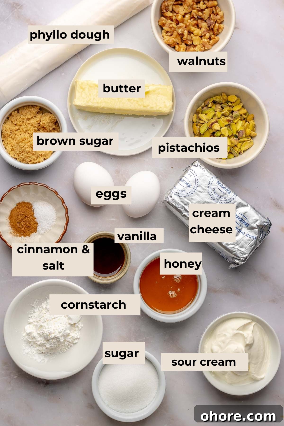 Ingredients for baklava cheesecake bars.