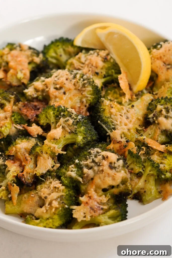 Crispy Smashed Broccoli with Parmesan and Garlic 16 bowl of smashed broccoli with parmesan cheese and lemon.