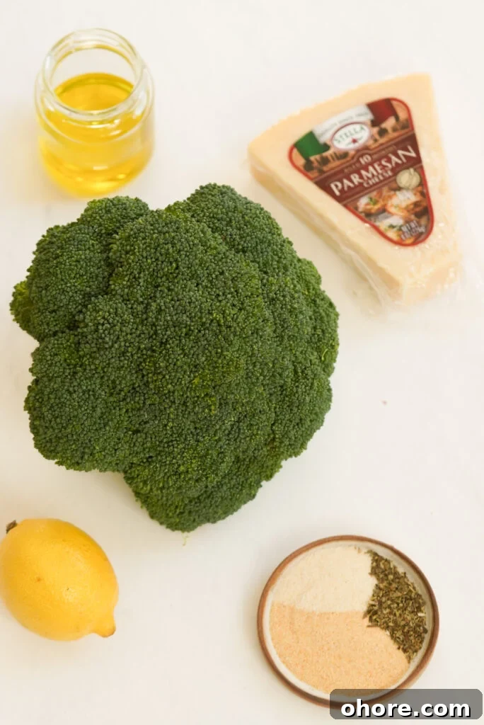 Crispy Smashed Broccoli with Parmesan and Garlic 4 flat lay shot of ingredients needed to make parmesan smashed broccoli.