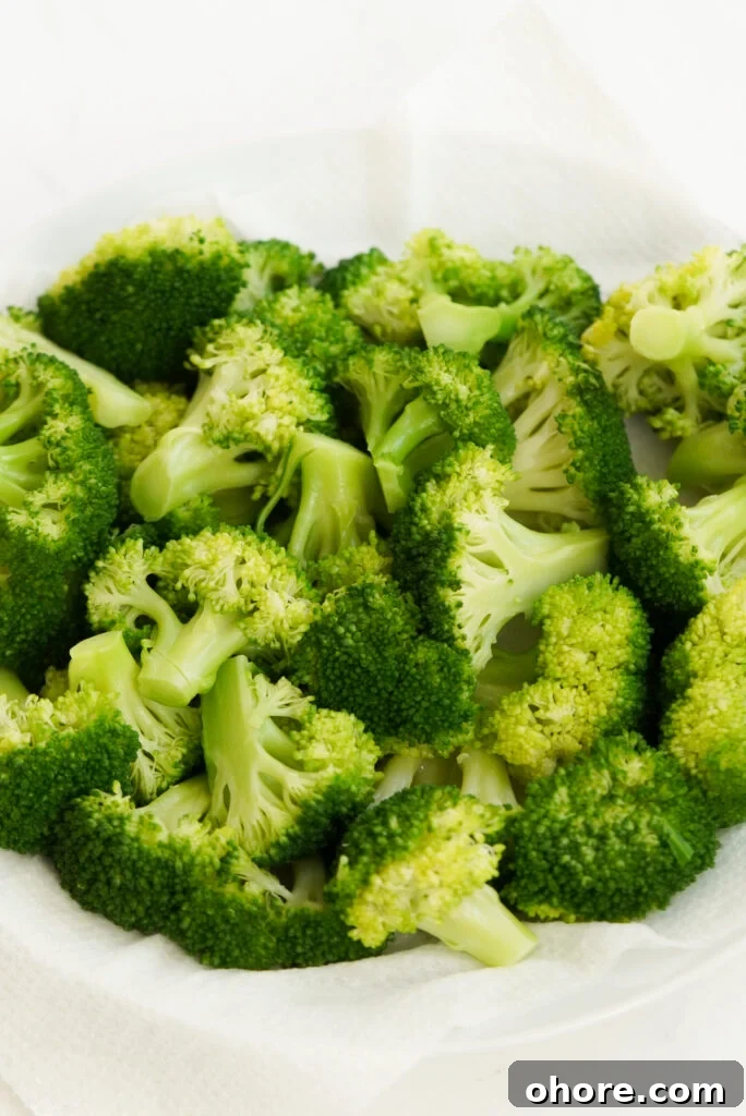 Crispy Smashed Broccoli with Parmesan and Garlic 5 broccoli after being blanched and drained.