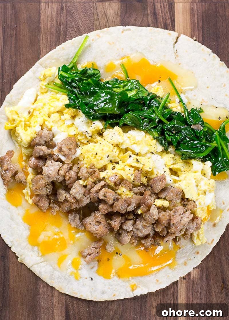 This Sausage Burrito is packed with sausage, eggs, cheese and spinach! This meal is super satisfying and is perfect for meal prep!