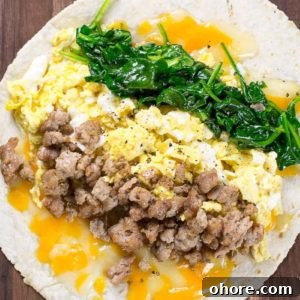 This Sausage Burrito is packed with sausage, eggs, cheese and spinach! This meal is super satisfying and is perfect for meal prep!