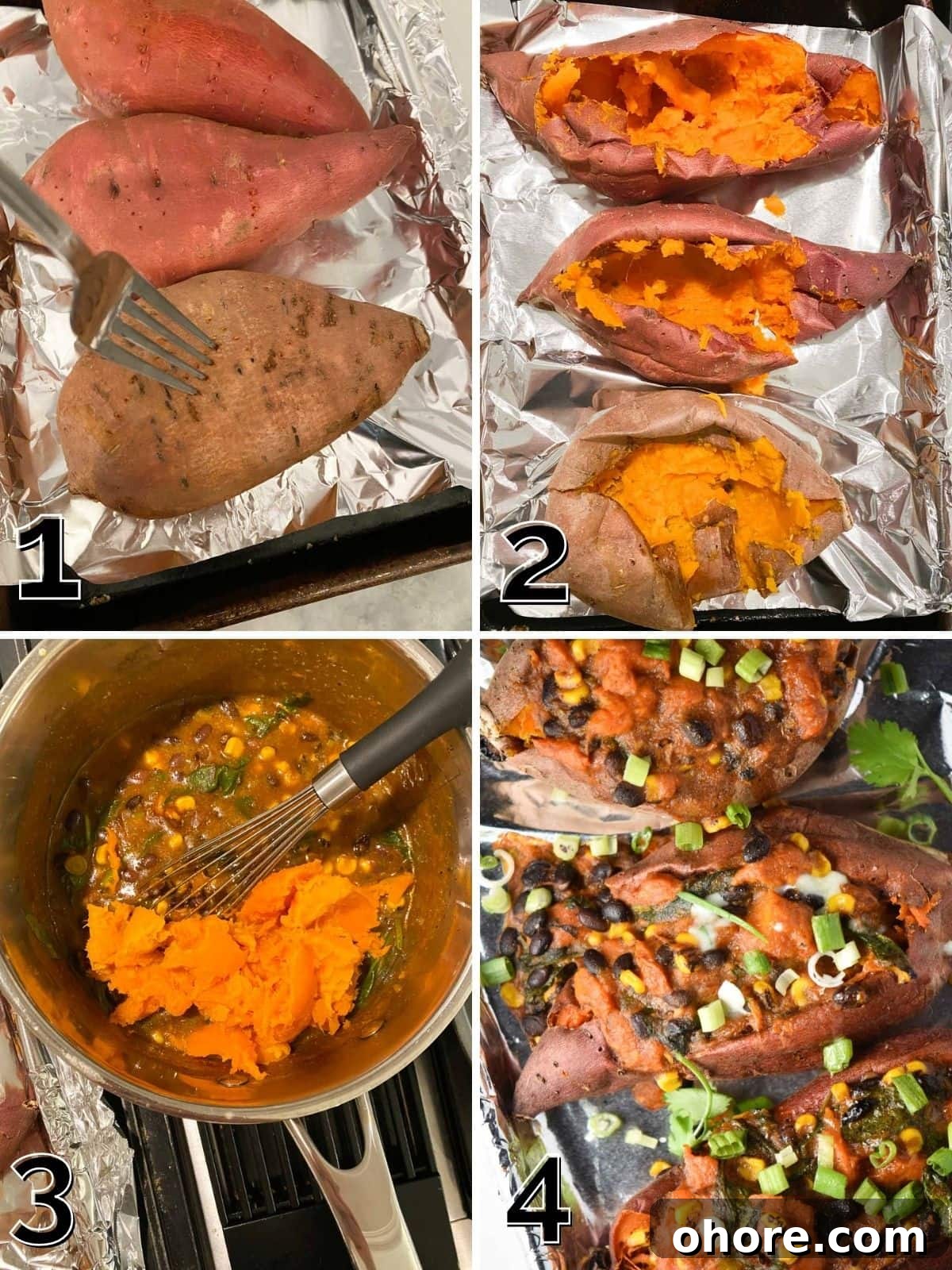 A step by step process for stuffing sweet potatoes from baking, scooping out the inside, mixing the sweet potatoes with vegetables, and stuffing back inside.