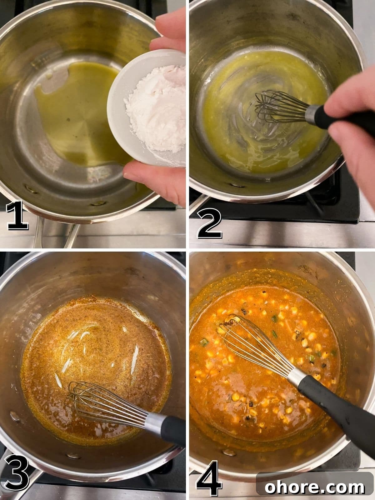 A step by step process for making enchilada sauce from adding oil and flour to whisking in spices and broth.