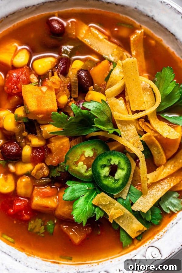 Vegetable tortilla soup in a white bowl.