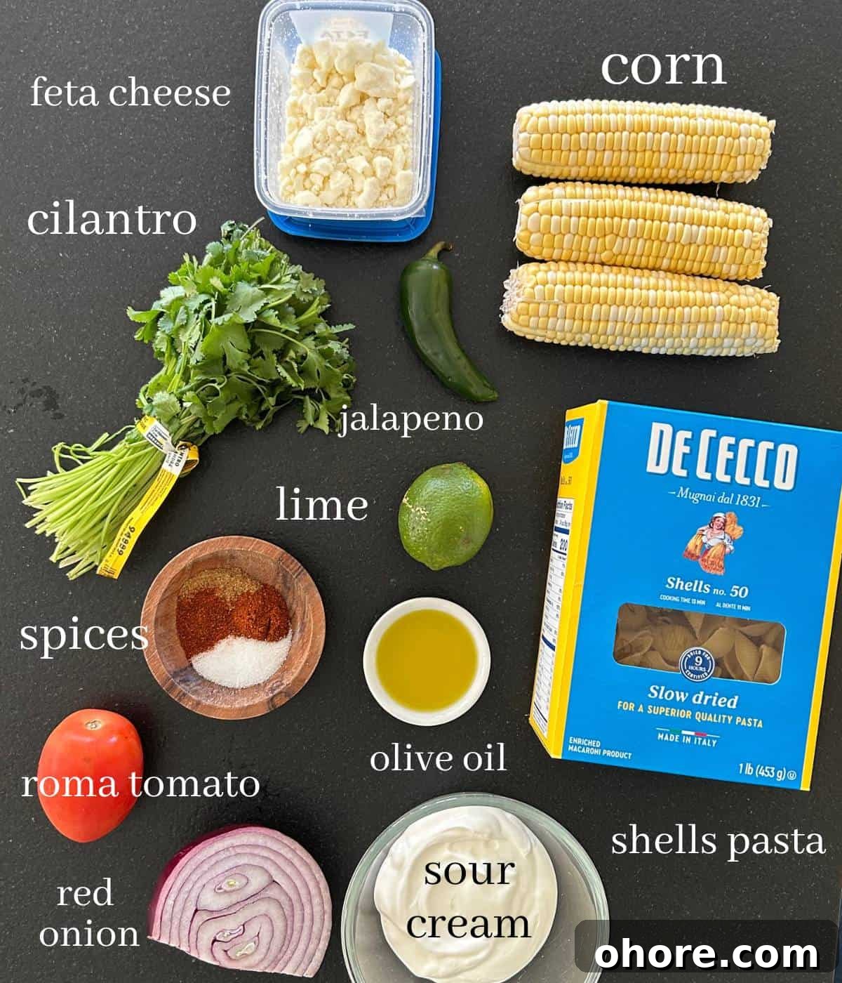Ingredients for Elote Pasta Salad on countertop.