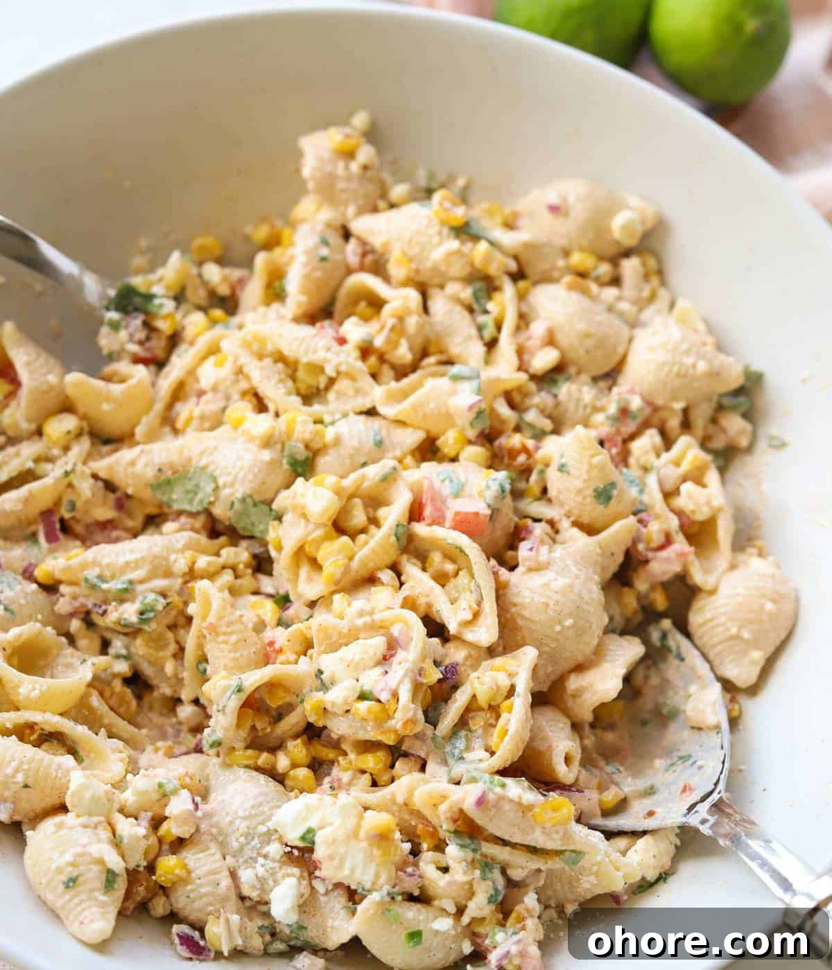 Mexican street corn pasta salad in bowl.