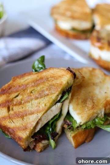 Chicken Mozzarella sandwich with greens on plate.
