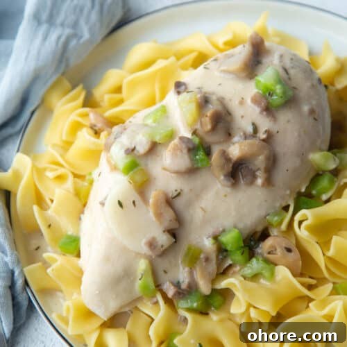 chicken breast topped with mushrooms and green peppers in a creamy mushroom sauce, on top of egg noodles.