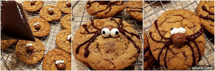 Malted Milk Ball Spider Cookies for Halloween Party Treats 4 Collage of 3 images showing how to pipe the legs on the spider cookies.