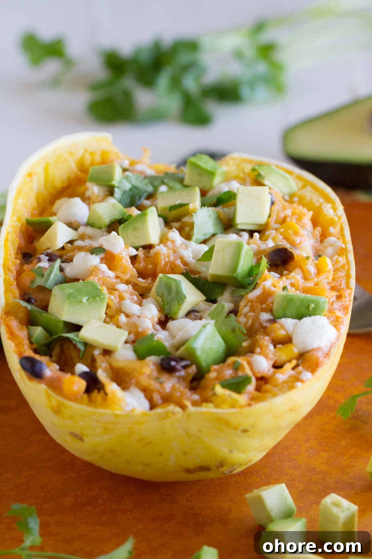 Southwestern-Stuffed Spaghetti Squash Recipe for Bold Flavor 4 Half of a spaghetti squash filled with beans, cheese, and enchilada sauce.