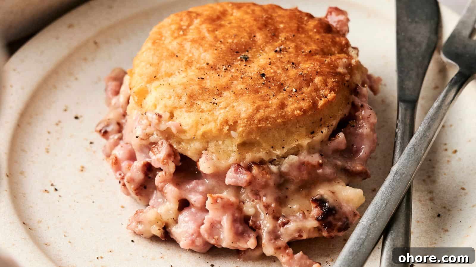 29 Cozy Air Fryer Casseroles for Warm January Dinners 15 A plate with a biscuit topped with creamy sausage gravy, accompanied by a fork and knife.