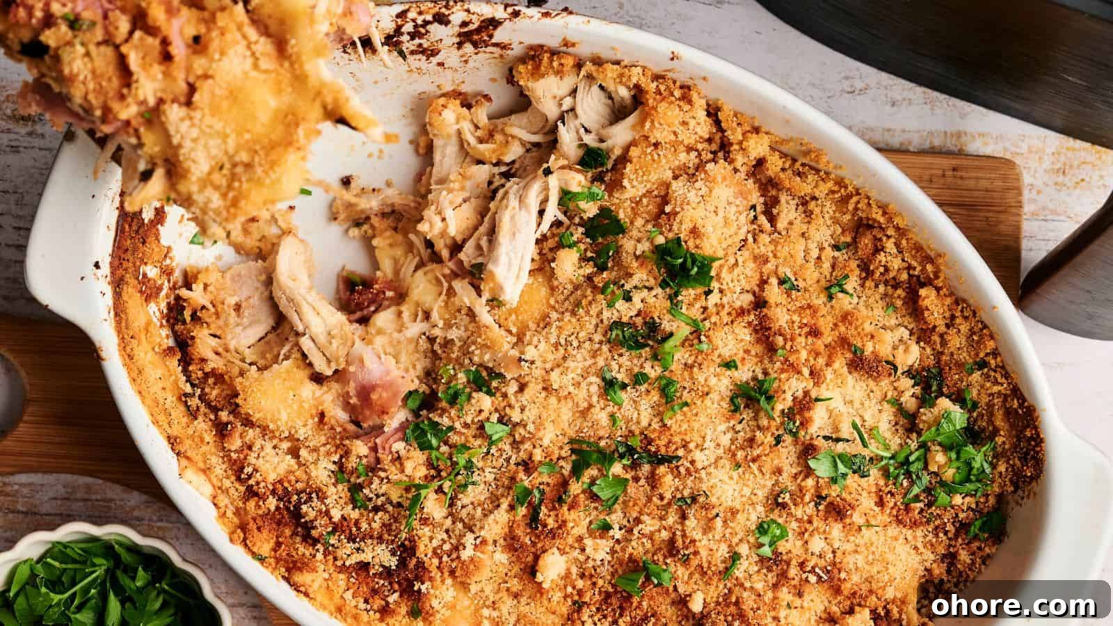 29 Cozy Air Fryer Casseroles for Warm January Dinners 17 Baked breadcrumb-topped casserole with pieces of chicken, garnished with chopped parsley in a white dish.