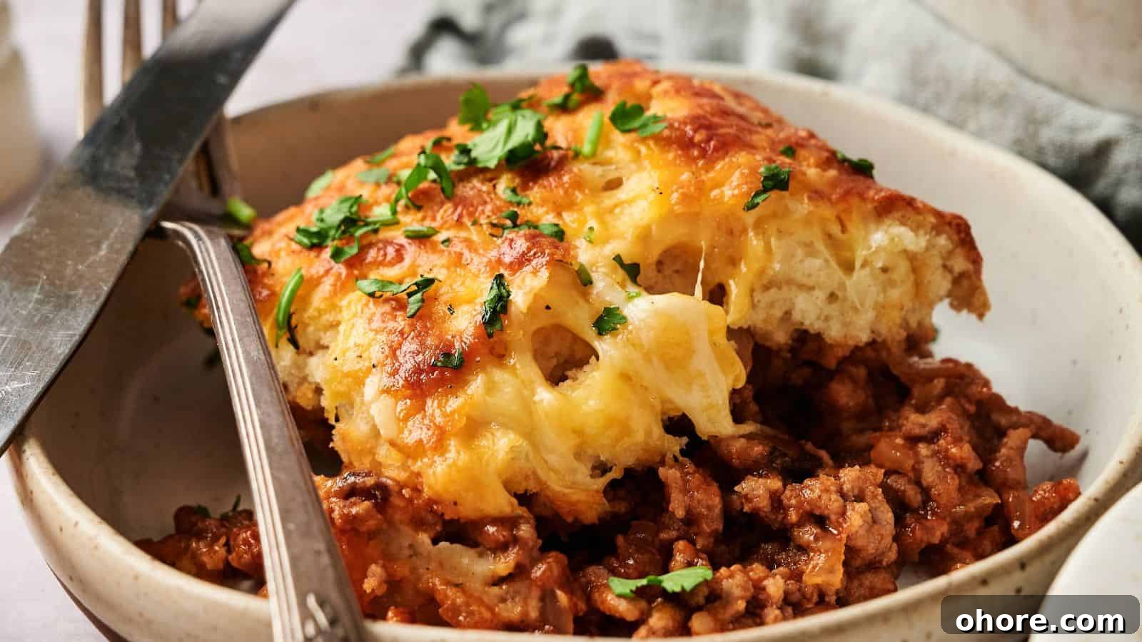 29 Cozy Air Fryer Casseroles for Warm January Dinners 3 A serving of baked casserole with a golden cheese topping sits on ground meat in a bowl, garnished with chopped parsley and accompanied by a fork and knife.