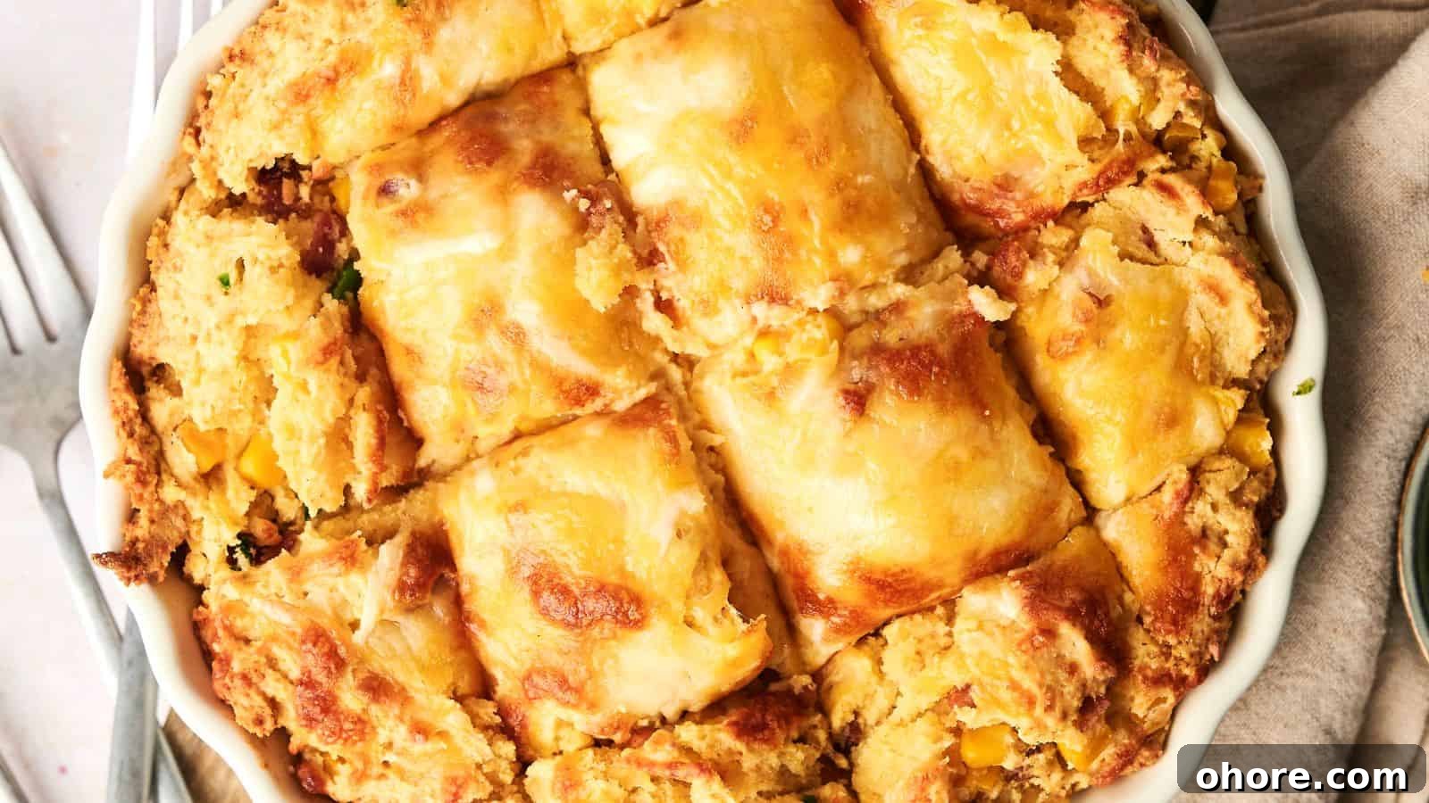 29 Cozy Air Fryer Casseroles for Warm January Dinners 24 A baked casserole with a golden, flaky crust cut into squares, showing a filling that includes corn and other ingredients.