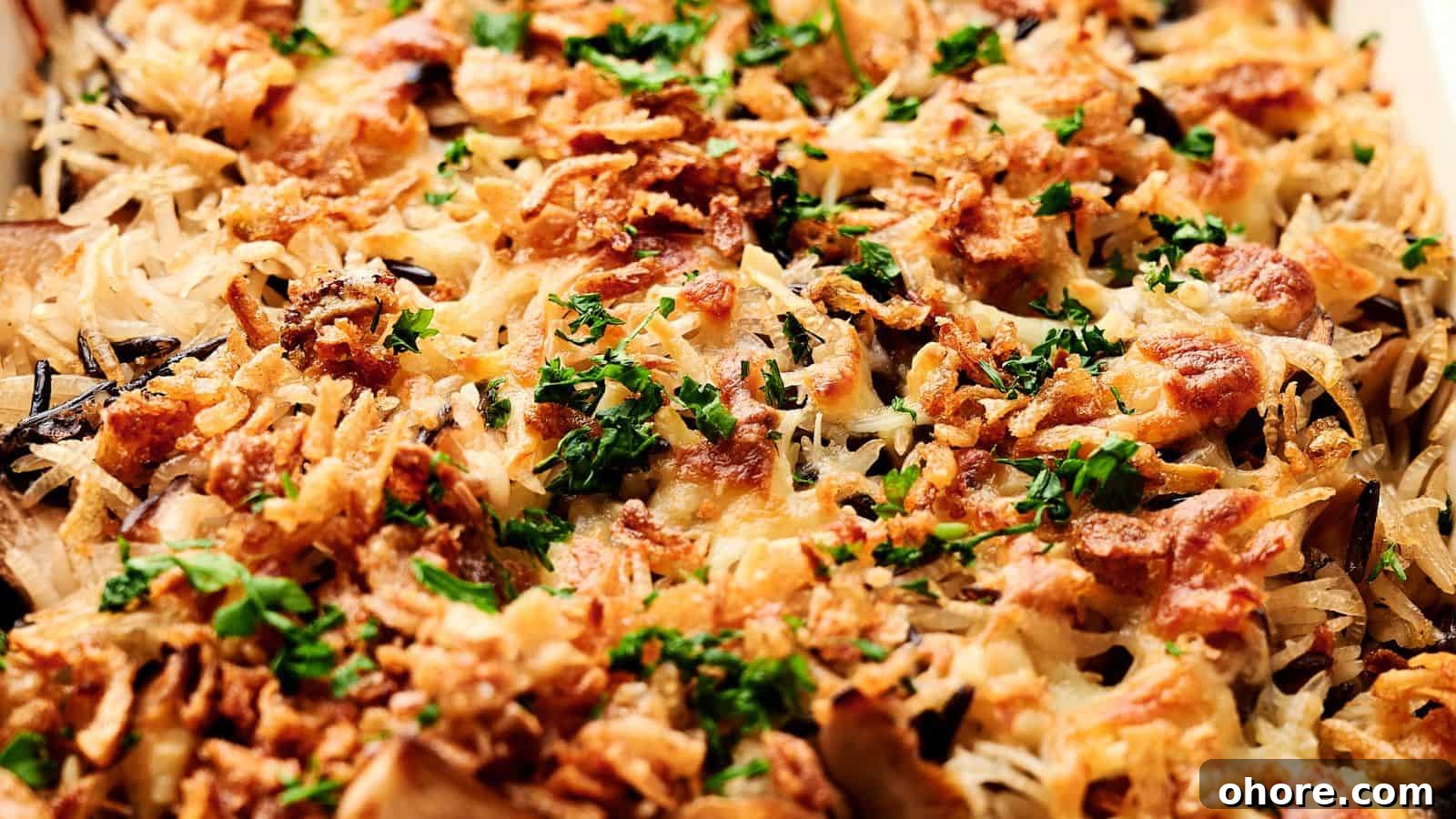 29 Cozy Air Fryer Casseroles for Warm January Dinners 25 Close-up of an air fryer mushroom casserole topped with crispy, browned ingredients and garnished with chopped green herbs.