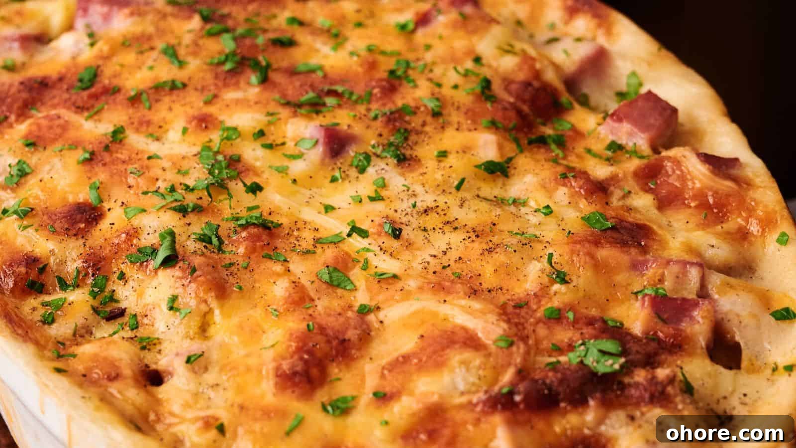 29 Cozy Air Fryer Casseroles for Warm January Dinners 28 A close-up view of a baked casserole topped with melted cheese, diced ham, and chopped parsley.