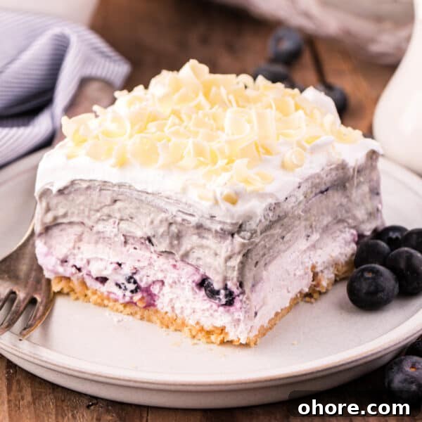 Retro Broken Glass Jello Recipe – Colorful Layered Dessert 12 A slice of blueberry cheesecake on a plate.