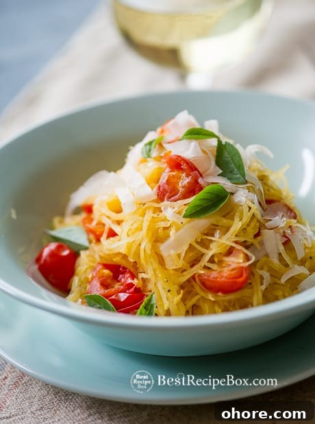 Healthy Baked Spaghetti Squash Recipe with Tomatoes & Basil on BestRecipeBox.com Healthy Baked Spaghetti Squash Recipe with Tomatoes & Basil in a bowl