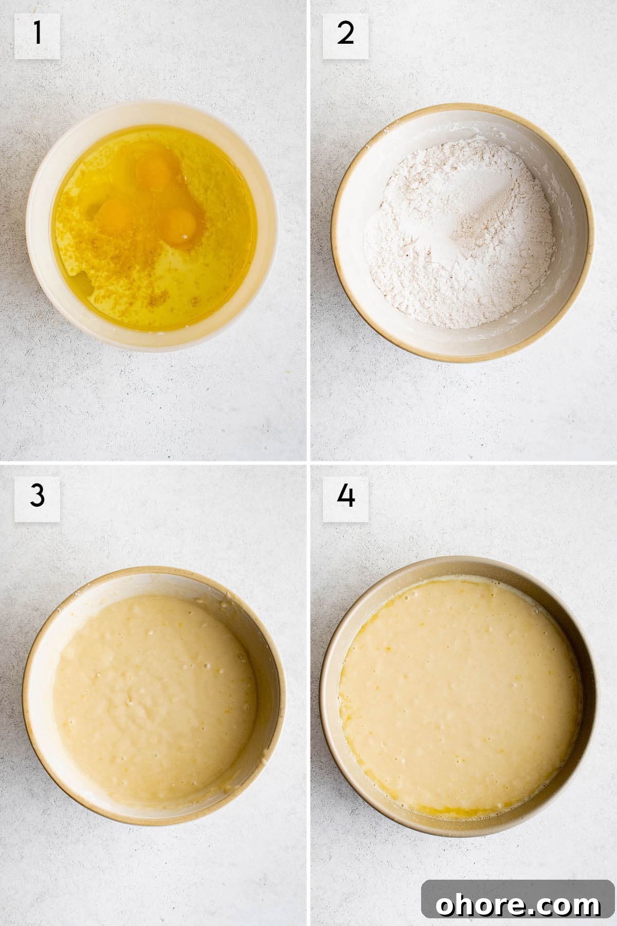 Moist Olive Oil Cake Recipe with Lemon Glaze 3 four panel collage image showing how to make olive oil cake