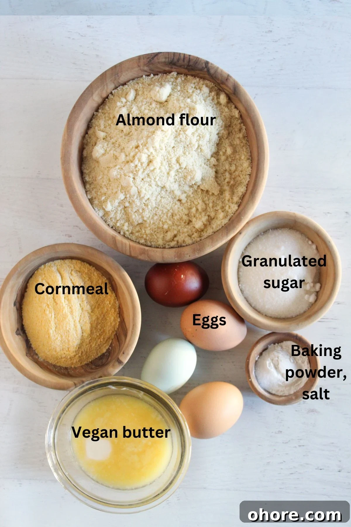 Almond Flour Cornbread: Dairy-Free, Gluten-Free Recipe 3 mise en place of ingredients for gluten-free almond flour cornbread