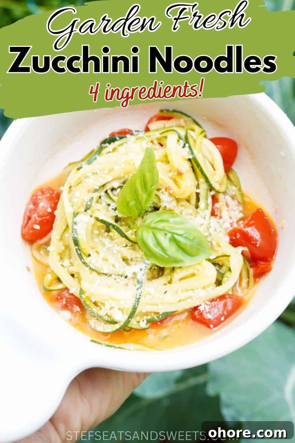 Garden-Fresh Zucchini Noodles with Light Lemon Garlic Sauce 4 zoodles in bowl in hand with text