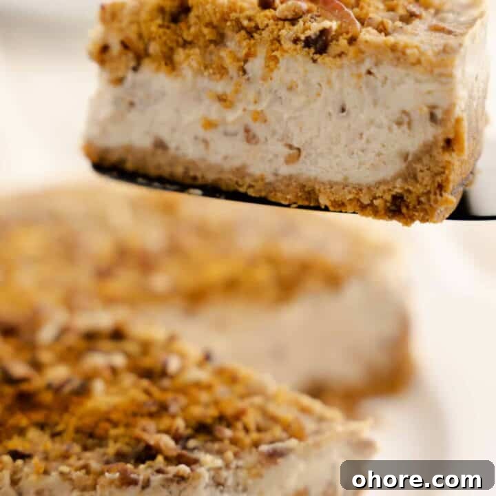 30+ Thanksgiving Recipes You Can Make in an Instant Pot 17 slice of butter pecan cheesecake on black cake server