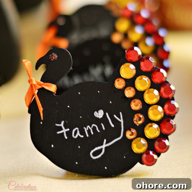 Jeweled Thanksgiving Turkey Chalkboard Place Cards