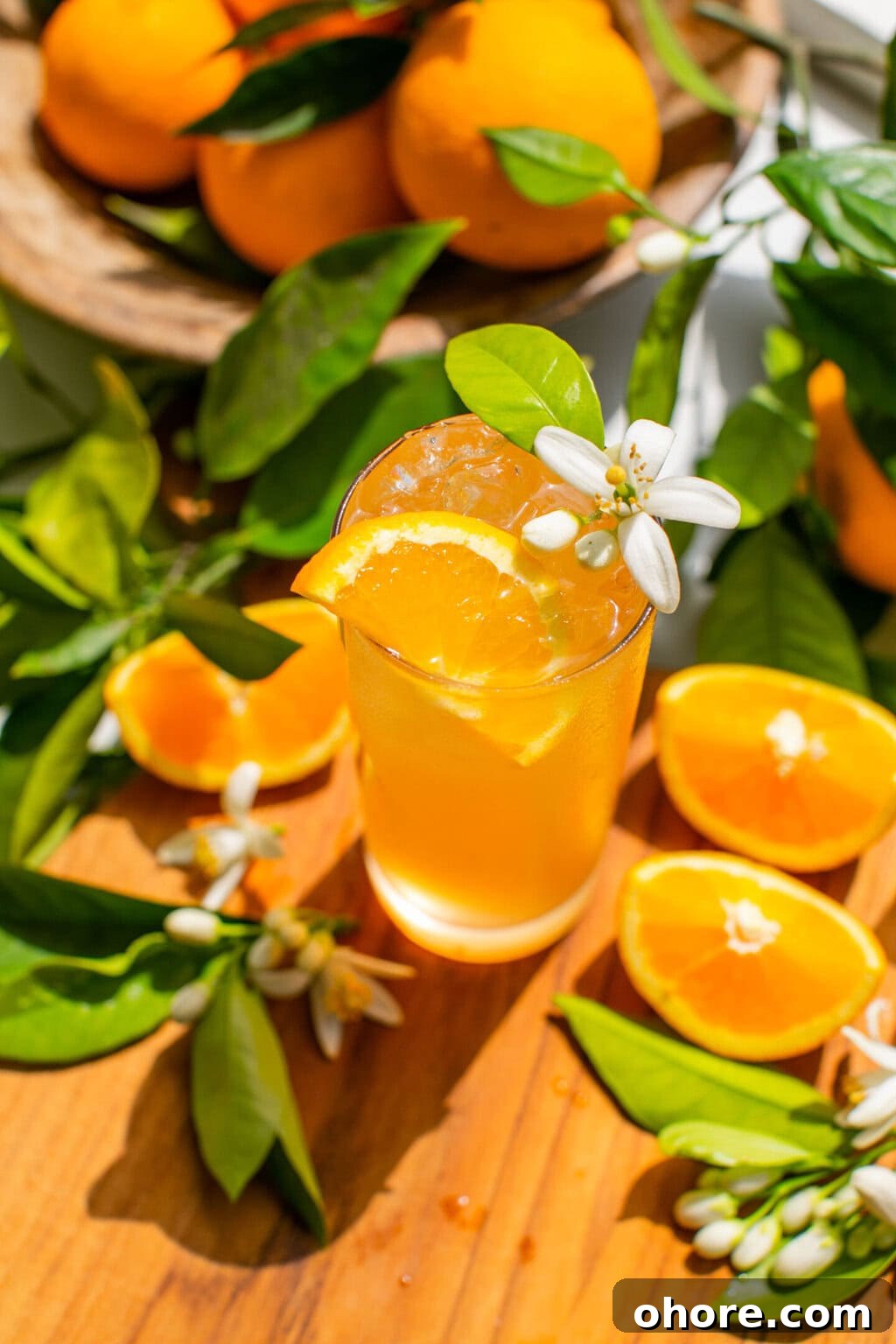 Orange Blossom Gin & Tonic Recipe — Floral G&T Cocktail Guide 2 a glass of an orange gin and tonic with an orange blossom and orange slice as garnish, plus leaves and extra orange slices scattered around