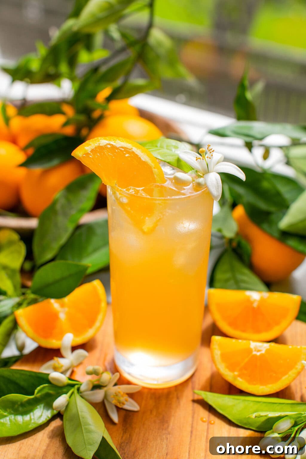 Orange Blossom Gin & Tonic Recipe — Floral G&T Cocktail Guide 7 a head-on photo of a gin and tonic with orange juice, an orange slice, and an orange blossom on a wooden cutting board surrounded by more oranges, blossoms, and greenery