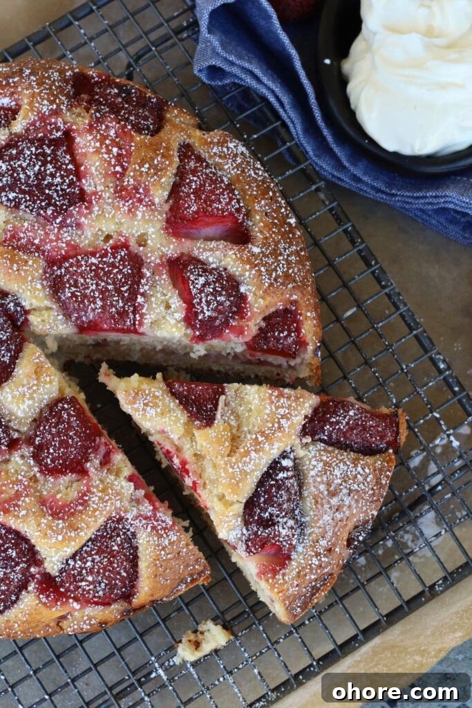 Sourdough Recipes for a Romantic Valentine’s Day Meal 23 Sourdough strawberry cake sitting on a black wire cake rack.
