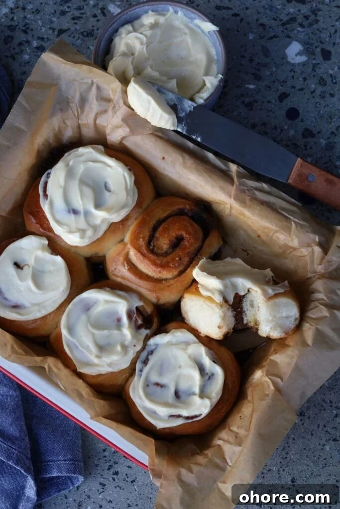 Sourdough Recipes for a Romantic Valentine’s Day Meal 25 Sourdough cinnamon rolls topped with vanilla cream cheese frosting.