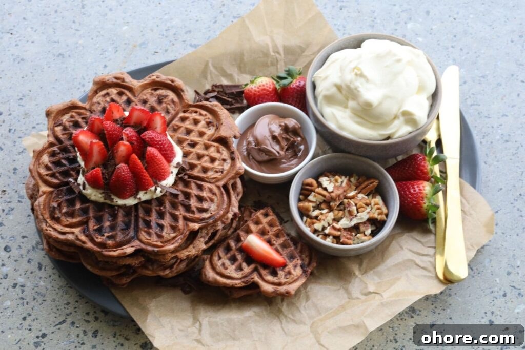 Sourdough Recipes for a Romantic Valentine’s Day Meal 35 A Valentine's Day platter of sourdough chocolate waffles served with fresh strawberries, whipped cream, nutella and pecans.