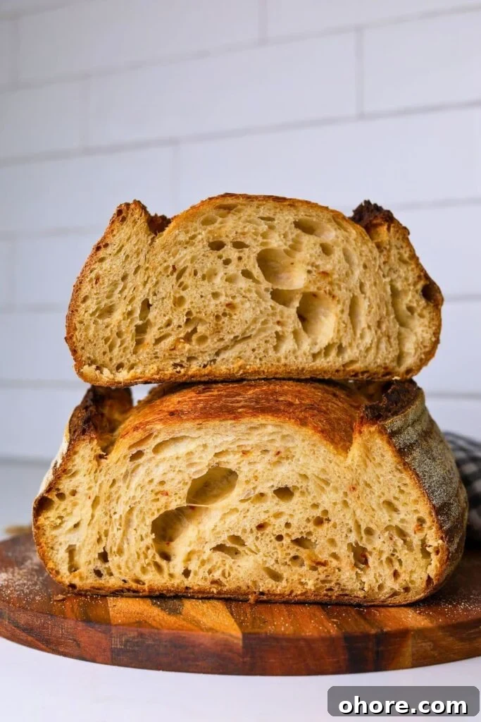 Sourdough Recipes for a Romantic Valentine’s Day Meal 41 Two halves of a hot honey sourdough loaf stacked on top of each other so you can see the crumb inside.